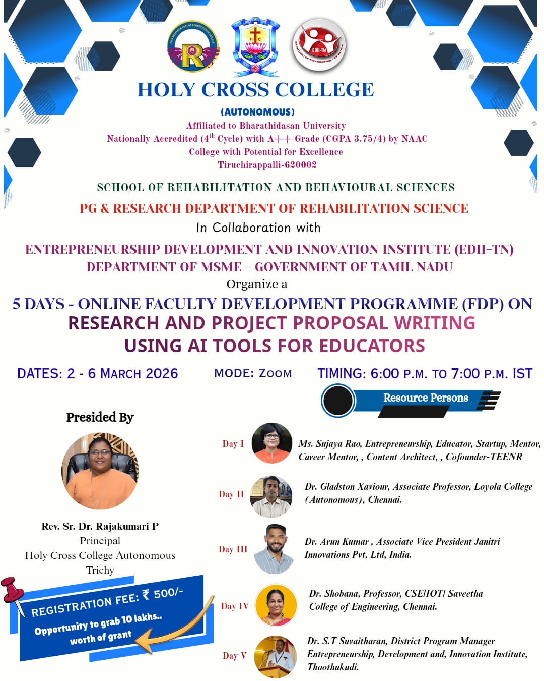 5 DAYS - ONLINE FACULTY DEVELOPMENT PROGRAMME (FDP) RESEARCH AND PROJECT PROPOSAL WRITING USING AI TOOLS FOR EDUCATORS