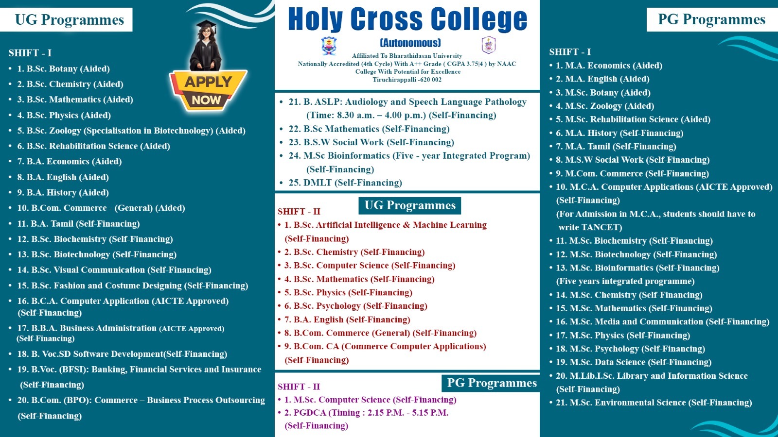 Course list preview showing all UG and PG programmes at Holy Cross College
