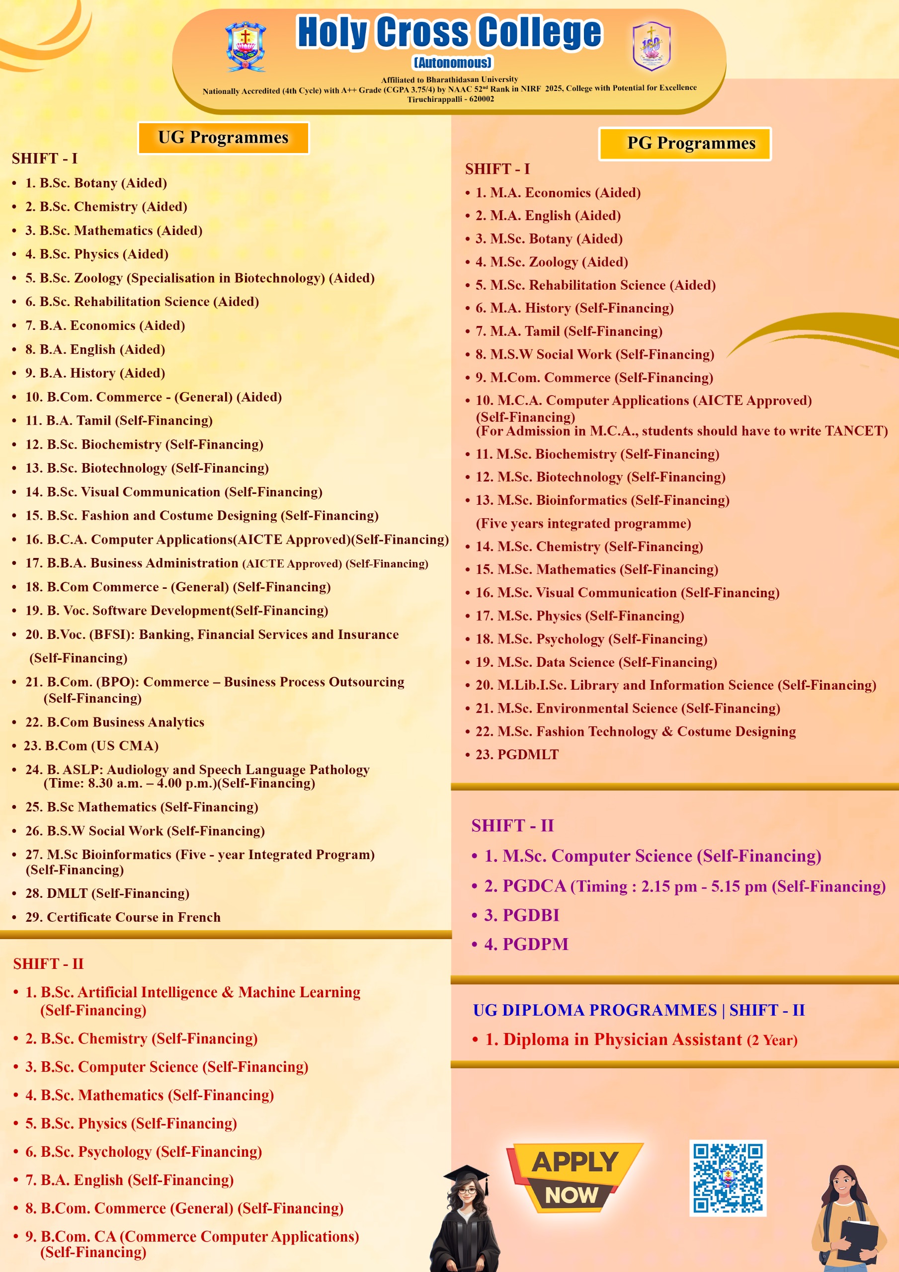 Course list preview showing all UG and PG programmes at Holy Cross College